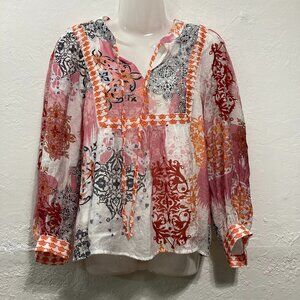 Jodifl Tunic Top Blouse Trim Long Sleeve Lined Floral Multicolor Boho Size M